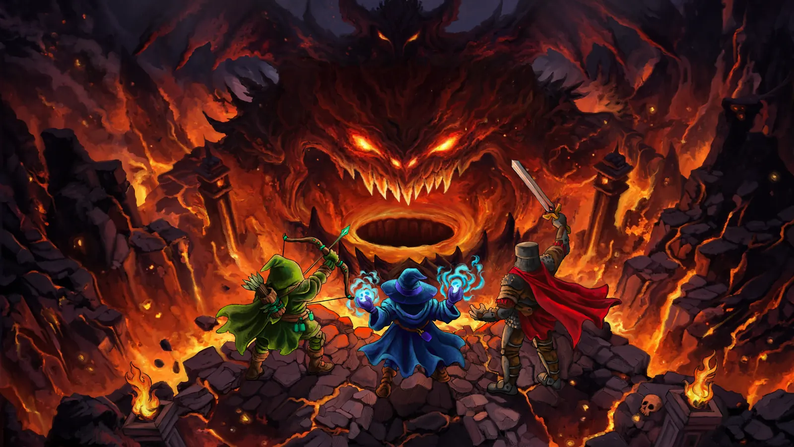 Key art of 9 Layers of Hell: a ranger, a wizard and a knight face a giant fire demon.